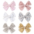 Floral embroidered chiffon bow hair clips set for girls in six different pastel colors - Multicolor Mixed