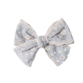 Close-up of floral embroidery detail on blue fabric bow hair clip with scalloped edges - Light Blue (2540-4)