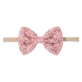 Close-up of pink lace mesh bow with daisy embroidery on soft nylon baby headband - Pink