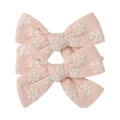 Set of three pink floral bow hair clips with delicate white daisy embroidery - Light Pink with White Flower Embroidery