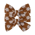 Brown linen floral bow clips with white daisy embroidery for women's hair accessories - Brown with White Daisy Embroidery