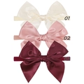 Three-piece set of satin bow baby headbands in ivory, rose pink, and deep burgundy nylon - Mixed 3 Colors