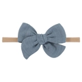 Dusty blue linen baby headband featuring a large bow and soft stretch nylon strap - Haze Blue (7)
