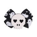 Detail view of Halloween bow hair clip with white ghost patterns and a glittery skull center - Skull BOO Style (6)