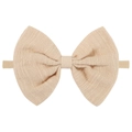 Close-up of beige linen bow headband for babies with high-elastic nylon strap detail - Beige (32)