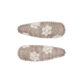 Close-up of two vintage embroidered fabric hair clips with white daisy patterns - Coffee Embroidery (19)