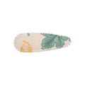 Close-up of floral fabric BB hair clip with daisy embroidery and scalloped edges - Linen Daisy Print Style (45)