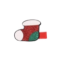 Dettaglio di una clip per capelli a forma di calza di Natale con glitter rossi e verdi - Calza di Natale Rosso Verde (3)