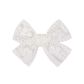 Detailed view of white lace bow hair clip featuring delicate floral embroidery texture - White