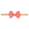 Close-up of coral pink grosgrain ribbon bow and soft nude nylon baby headband detail - Coral Pink