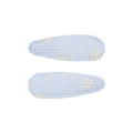 Pair of light blue gingham fabric BB hair clips with delicate white floral embroidery - Blue White Plaid Embroidery (15)