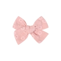 Detailed view of light pink cotton linen hair bow clip with delicate daisy embroidery - Pink Daisy Embroidery