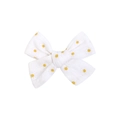 Detailed macro view of white cotton bow hair clip with yellow daisy embroidery patterns - White Yellow Center Daisy Print