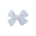 Close-up of a handmade blue and white striped fabric bow hair clip with fine embroidery - Blue and White Stripes