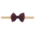Elastic baby headband featuring a handmade burgundy ribbed grosgrain bow on a nude band - Burgundy