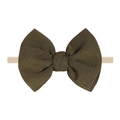 Olive green linen bow headband with soft nude nylon elastic band for baby girls - Olive Green