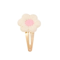 Close-up of handmade crochet flower hair clip featuring cream petals and a pink center - Cream and Pink (2)