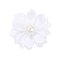 Detailed macro view of white ribbon flower hair tie featuring a polished faux pearl center - White