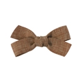 Brown linen fabric bow hair clip for girls with natural woven texture and center knot - Brown