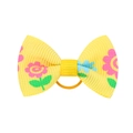 Detail of yellow grosgrain bow hair tie with floral print and orange elastic band - Yellow Colorful Floral Style (9)