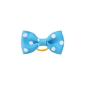 Close-up of blue polka dot bow hair tie with ribbed ribbon texture and yellow elastic band - Baby Blue (7)