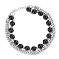 Double-layer hip-hop bracelet with black beads and silver steel chain for unisex style - Silver Color Black Pearl (Chain Length 20+3cm)