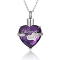 Urn necklace for ashes featuring a heart-shaped purple crystal with Always in My Heart text - February Purple