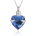 Blue crystal heart cremation necklace engraved with Always in my heart message - March Deep Blue