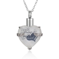 Silver urn necklace with Always in my heart frosted white heart pendant and blue birthstone - June Opal White