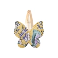 Detailed macro view of yellow floral fabric butterfly clip with three white pearls decoration - Yellow Base Purple Floral