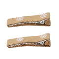 Pair of light brown cotton hair clips with delicate white daisy flower embroidery - Light Brown Style (7)