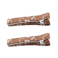 Detail of embroidered floral patterns on brown fabric covered hair clips for children - Dark Brown