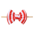 Detail view of baby bow headband featuring red and white striped waffle fabric and nylon strap - Red And White Stripe Style (1)