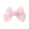 Pink sheer mesh bow hair clip for girls with elegant white faux pearl embellishments - Pink