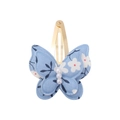 Close-up of double-layer fabric butterfly hair clip with floral print and white pearls - Light Blue White Floral