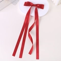 Classic bright red satin double bow hair clip with long ribbons for girls - Red (12)
