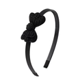 Detail of a black headband with a handmade crochet bow on a textured grosgrain ribbon wrap - Black
