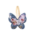 Floral print butterfly hair clip with blue denim fabric and white pearl accents - Blue Base Vintage