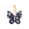 Navy blue floral fabric butterfly hair clip with pearl beads and gold metal BB clip - Blue Base Floral