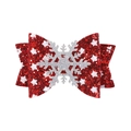 Detailed view of red sequin Christmas bow clip with snowflake pattern and silver ornament - Silver Snowflake Bow (2)