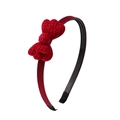 Kids red crochet double heart bow headband featuring soft ribbed fabric wrap - Red