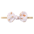 Detailed shot of baby nylon headband with orange floral print bow on white fabric - Yellow Floral (5)