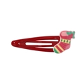Barrette enfant rouge avec motif chaussette de Noël rose et détail houx vert - Style Chaussette Rayée (10)