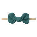 Close-up of dark green linen bow and beige high-elastic nylon headband for infants - Dark Green Solid (10)