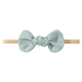 Elastic baby headband with a mint green fabric bow and skin-tone nylon strap - Bean Green Solid (12)