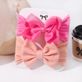 Baby nylon headband set with hot pink ribbed and peach waffle fabric bows on display card - Rose Pink And Peach (13)