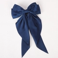 Elegant navy blue oversized satin bow hair clip with long ribbons for women - Navy Blue
