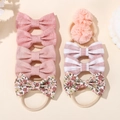 8-piece set of baby bow headbands in pink linen, floral print and mesh pom-poms - Pink And White Checkered Polka Dots (set Of 10)