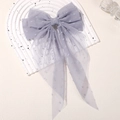 Large grey mesh hair bow clip with velvet polka dots and long ribbons for girls - Gray