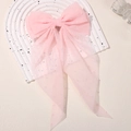 Pink mesh tulle bow hairclip with polka dot texture and long ribbons for girls - Pink